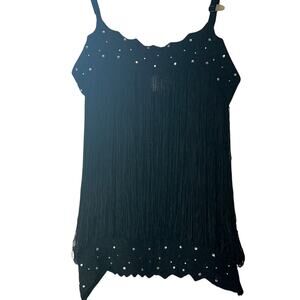 MKM Designs Ladies Black Fringe Tank Top w/ Rhinestone Details, Size Medium